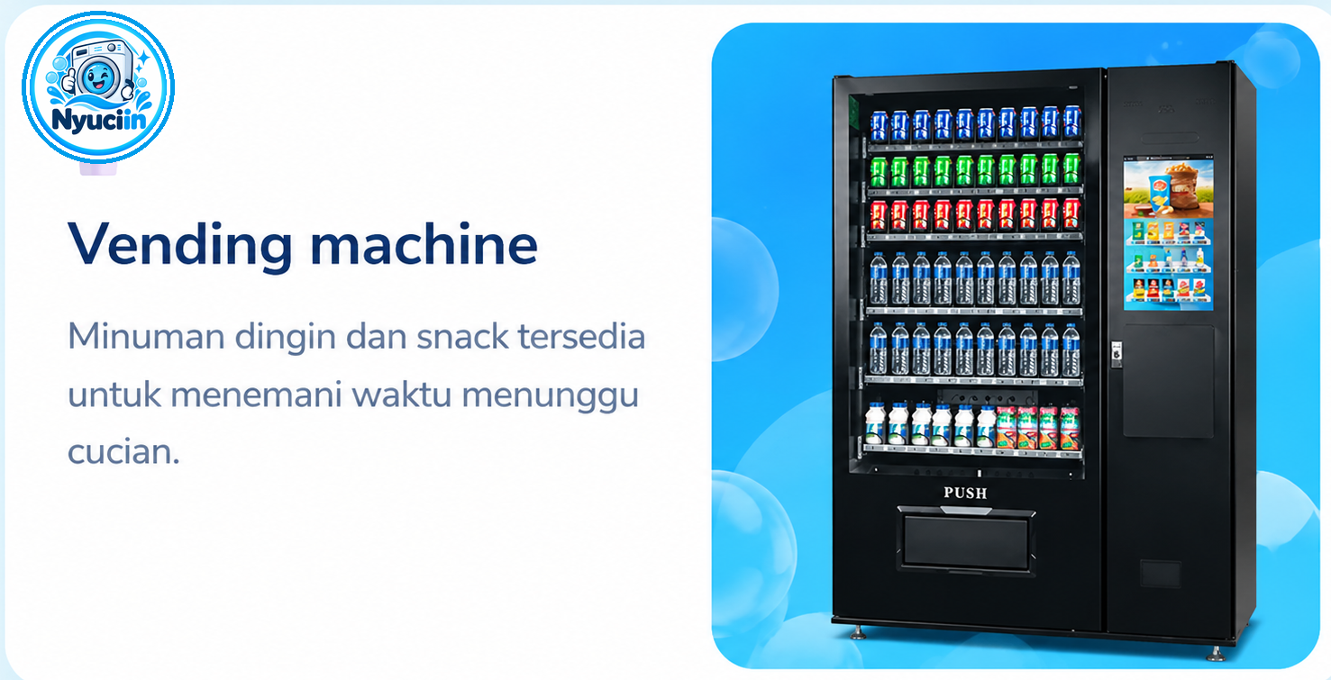 Fasilitas vending machine Nyuciin dengan logo resmi, minuman dingin dan snack